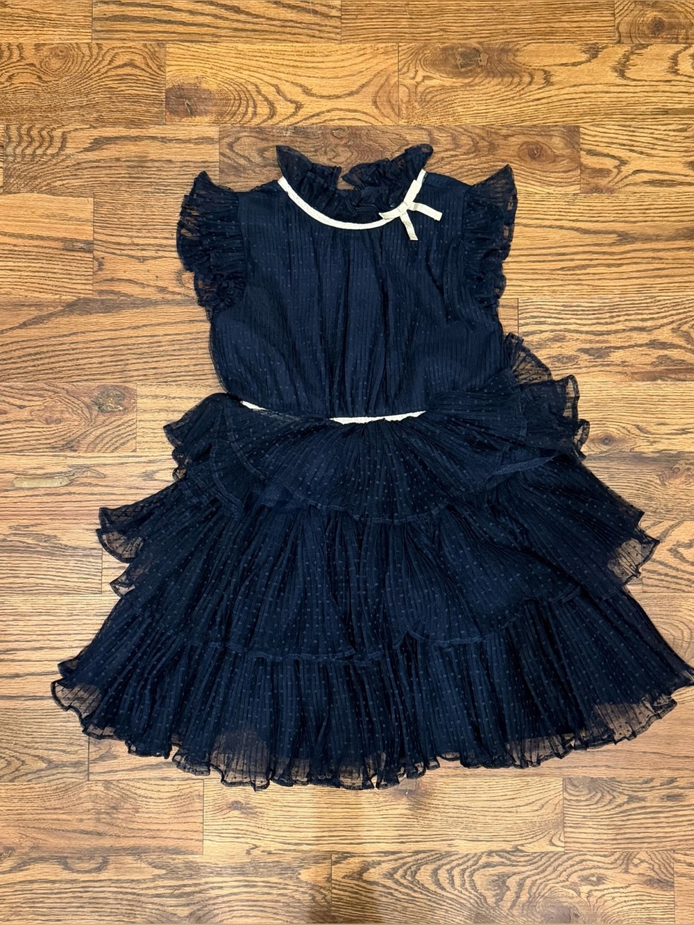 Girls Navy Ruffle Tulle Party Dress with Pearl Trim
